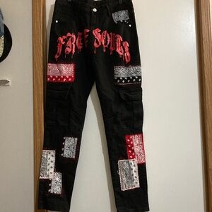 Signature Black Straight Jeans with Red and White Bandana Patchwork